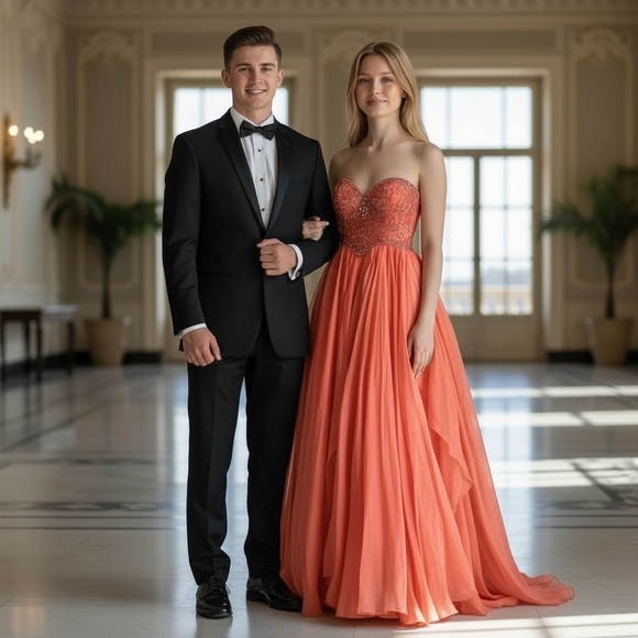 Sparkle Beaded Strapless Chiffon Gown Coral Embellished Formal Prom Dress 6 - Picture 8 of 16